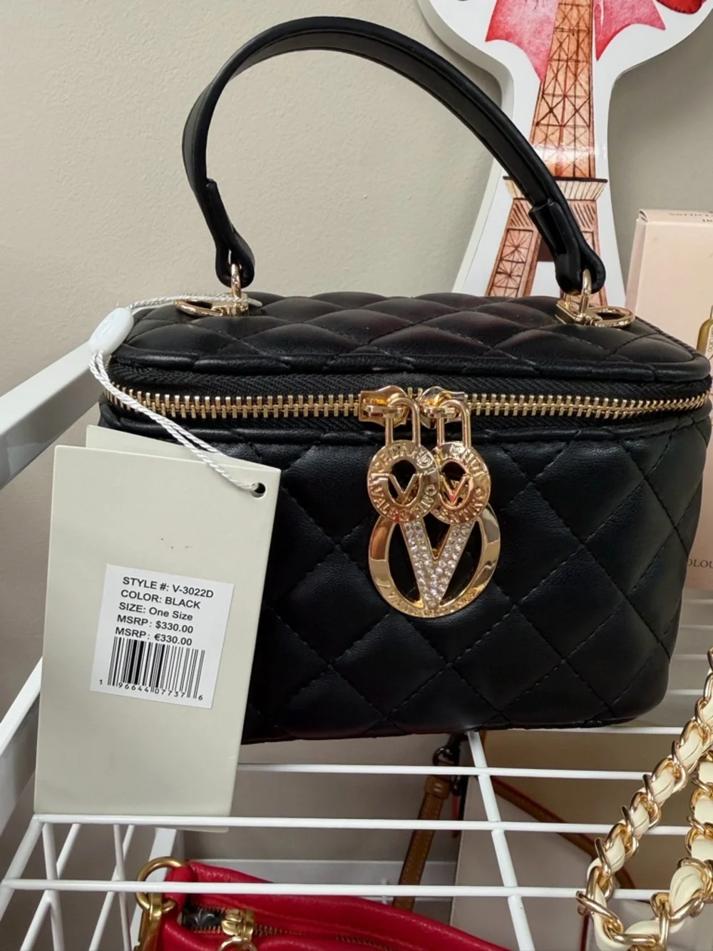 NWT Valentino Orlandi Black Quilted Mini Vanity Bag with Gold V Logo Charm$330 - Picture 2 of 2